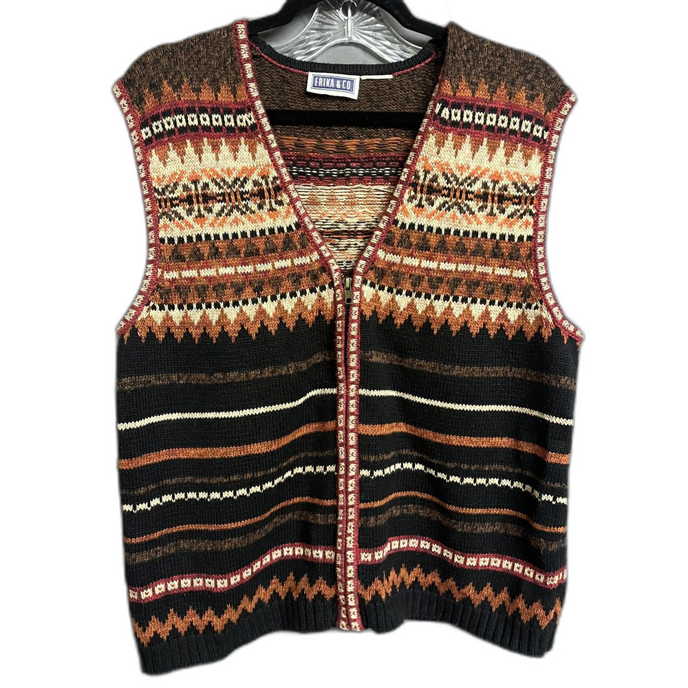Vintage Erika and Co Fair Isle Sleeveless Sweater Vest Autumn Cardigan women's L